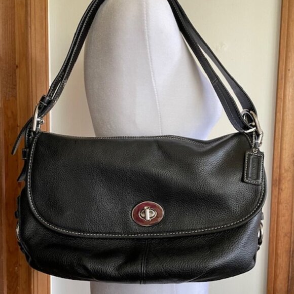 COACH Legacy Black Pebble Convertible Strap Leather White Stitiching Pur… - Picture 1 of 16